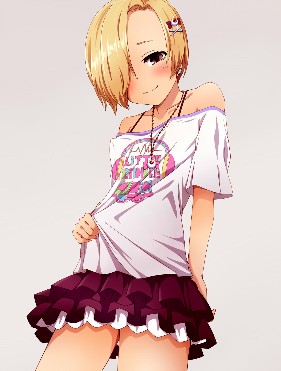 1girl, bare_shoulders, blonde_hair, blush, ear_piercing, earrings, frilled_skirt, frills