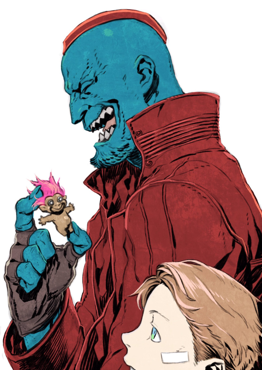 2boys, bandage_on_face, blue_eyes, blue_skin, brown_hair, facial_hair, father_and_son, fingerless_gloves, gloves, guardians_of_the_galaxy, highres, jacket, laughing, male_focus, miwa_shirou, multiple_boys, peter_quill, red_jacket, stubble, troll_doll, yondu_udonta, younger