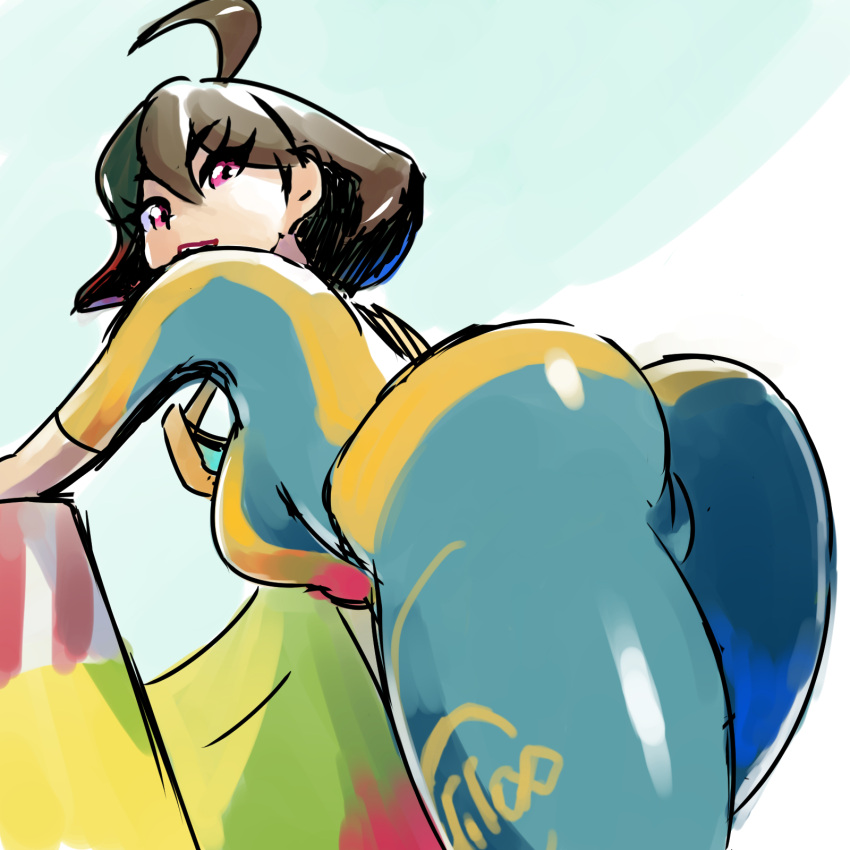 1girl, ahoge, arms_(game), ass, bangs, bent_over, blue_bodysuit, bodysuit