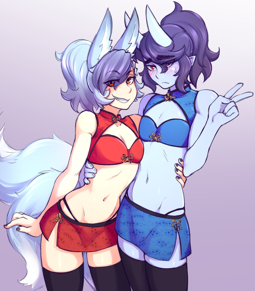 1boy, 1girl, animal_ears, bangs, bare_arms, bare_shoulders, black_legwear, black_nails, black_panties, blue_bra, blue_dress, blue_hair, blue_skin, blue_skirt, blush, bra, breasts, china_dress, chinese_clothes, closed_mouth, cowboy_shot, crossdressinging, dress, embarrassed, eyebrows_visible_through_hair, eyes_visible_through_hair, fox_ears, fox_tail, gradient, gradient_background, grin, highleg, highleg_panties, highres, horns, hug, ittla, kyou_(ittla), looking_at_viewer, medium_breasts, midriff, multicolored_hair, multiple_tails, nail_polish, navel, oni, oni_horns, original, panties, pencil_skirt, ponytail, purple_background, purple_hair, red_bra, red_dress, red_eyes, red_skirt, skirt, smile, standing, sweat, tail, thick_eyebrows, thigh-highs, trap, underwear, v