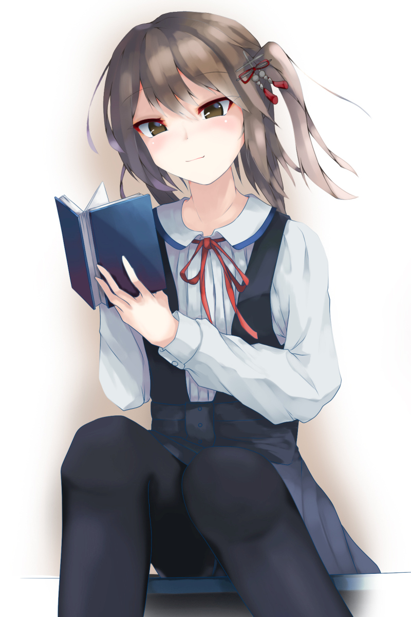 1girl, alternate_costume, black_legwear, book, brown_eyes, brown_hair, collarbone, collared_shirt