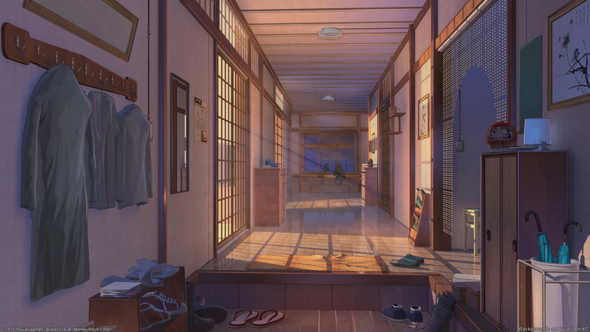 arsenixc, artist_name, background, bonsai, boots, calendar_(object), coat_rack, commentary