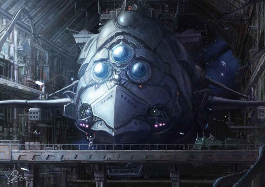 bridge, caterpillar_tracks, floating, highres, makkou_4, original, scenery, science_fiction