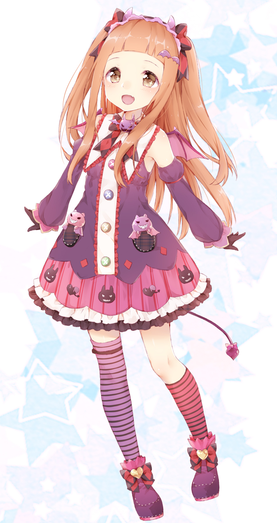 1girl, :d, asymmetrical_legwear, bangs, black_gloves, blunt_bangs, boots, bow, bowtie, brown_eyes, buttons, commentary_request, demon_tail, demon_wings, detached_sleeves, diamond_(shape), dress, fang, flat_chest, frilled_dress, frills, full_body, gloves, hair_ornament, headband, heart, highres, ichihara_nina, idolmaster, idolmaster_cinderella_girls, idolmaster_cinderella_girls_starlight_stage, long_hair, looking_at_viewer, manatsuki_manata, mismatched_legwear, open_mouth, orange_hair, pocket, purple_legwear, red_legwear, sidelocks, smile, solo, star, starry_background, striped, striped_legwear, tail, two_side_up, wings
