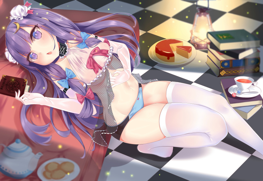 1girl, absurdres, babydoll, bangs, blue_bow, blue_panties, blunt_bangs, book