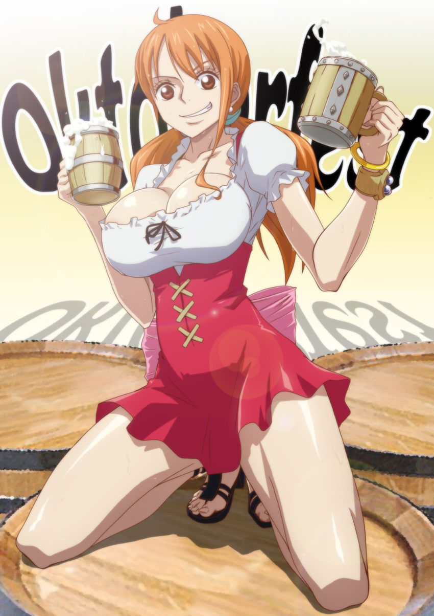 1girl, alcohol, alternate_costume, bare_arms, bare_legs, barefoot_sandals, beer, beer_mug
