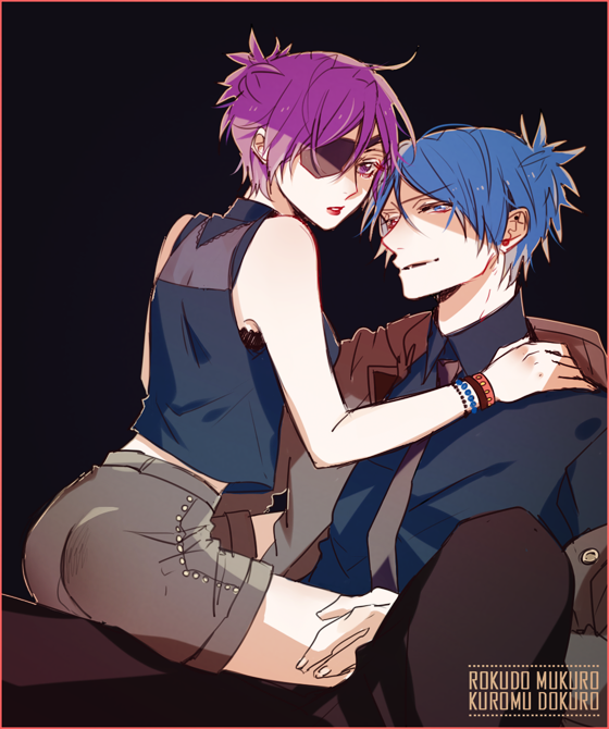 1boy, 1girl, blue_eyes, blue_hair, breasts, chrome_dokuro, eyepatch, gui