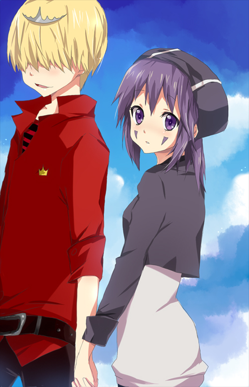 1boy, 1girl, bad_id, bad_pixiv_id, bangs, belphegor_(reborn), crown, genderswap, genderswap_(mtf), katekyo_hitman_reborn, mammon_(reborn), miao, purple_hair, shirt, violet_eyes