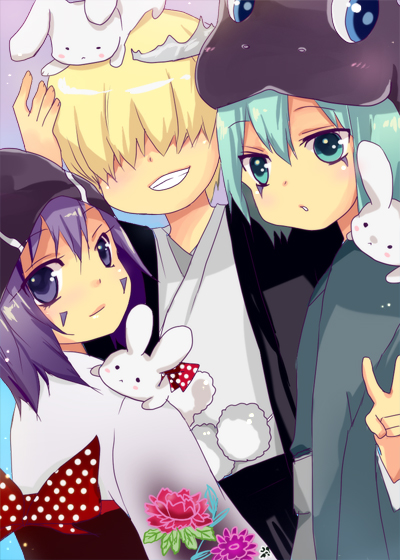 1girl, 2boys, bad_id, bad_pixiv_id, bangs, belphegor_(reborn), crown, fran_(reborn), genderswap, genderswap_(mtf), katekyo_hitman_reborn, mammon_(reborn), miao, multiple_boys, purple_hair, violet_eyes