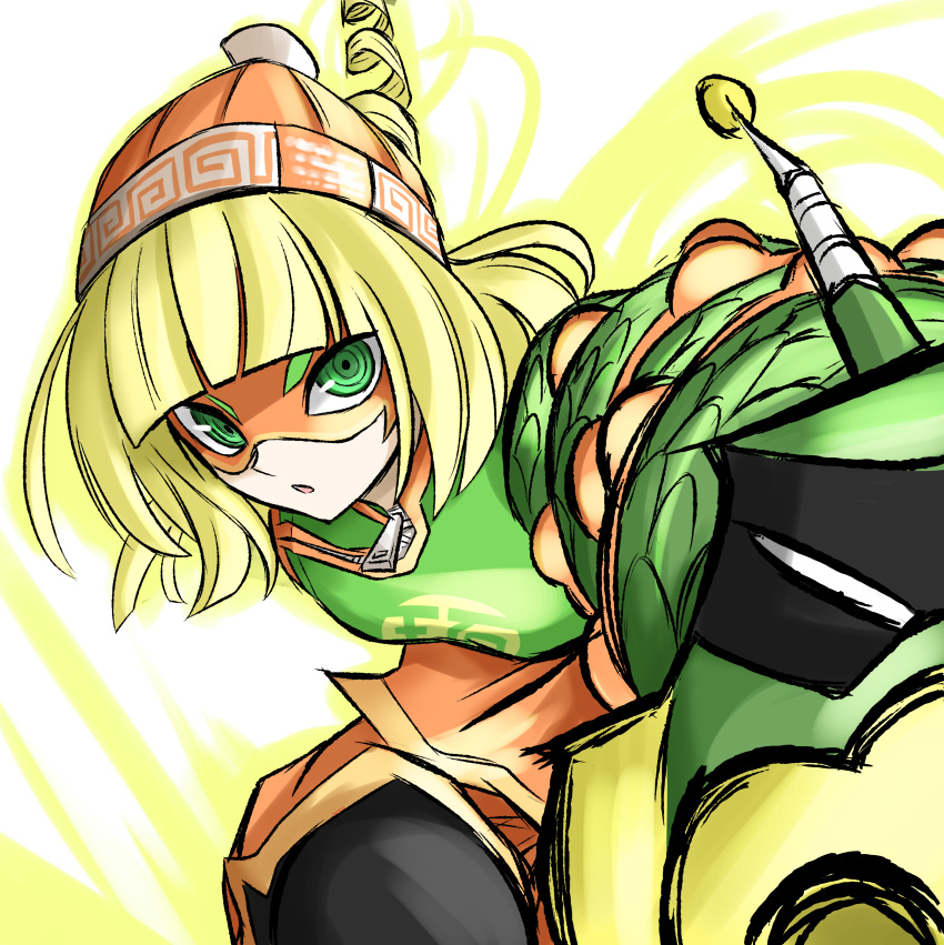 1girl, :o, absurdres, arms_(game), beanie, black_legwear, bob_cut, breasts