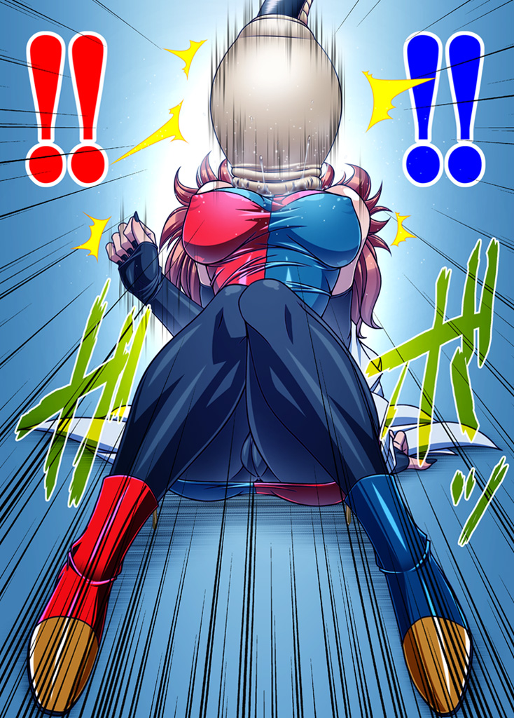 1girl, android_21, ass, bare_shoulders, black-framed_eyewear, black_nails, blue_eyes, breasts, brown_hair, cell_(dragon_ball), detached_sleeves, dragon_ball, dragon_ball_fighterz, dragonball_z, dress, earrings, hamon_ai, hips, hoop_earrings, jewelry, lab_coat, labcoat, medium_breasts, multicolored_boots, multicolored_clothes, multicolored_dress, nail_polish, pantyhose, semi-perfect_cell, tail, thighs