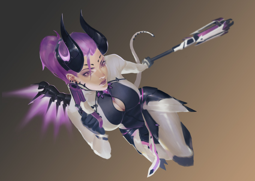 1girl, alternate_costume, bodysuit, breasts, brown_background, cleavage, dark_persona, demon_horns, demon_tail, dutch_angle, facial_mark, faulds, finger_on_trigger, forehead_mark, foreshortening, from_above, full_body, glowing, glowing_wings, gradient, gradient_background, gun, hair_tie, handgun, highres, holding, holding_gun, holding_staff, holding_weapon, horns, imp_mercy, jay_risto, lips, looking_at_viewer, md5_mismatch, mechanical_wings, medium_breasts, medium_hair, mercy_(overwatch), nose, overwatch, parted_lips, pistol, ponytail, purple_hair, purple_wings, solo, staff, tail, violet_eyes, weapon, wings