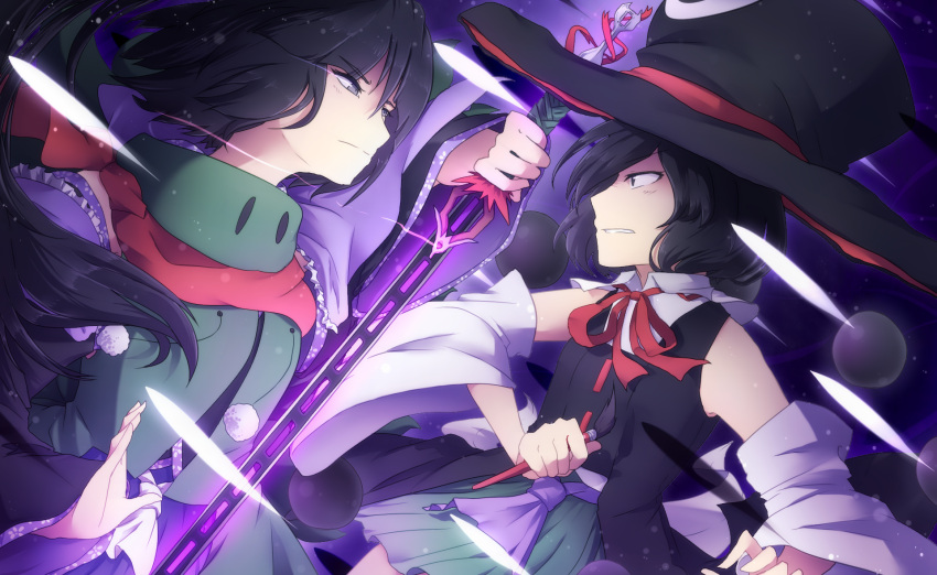 adagumo_no_yaorochi, androgynous, big_hat, black_hair, bow, brush, danmaku, detached_sleeves