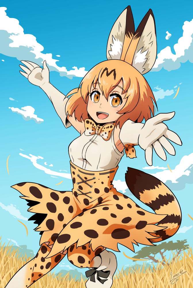 1girl, :d, animal_ears, armpits, arms_up, artist_name, blonde_hair, boots