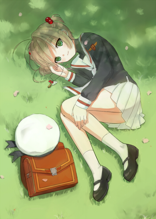 bag, brown_hair, card_captor_sakura, cardcaptor_sakura, child, grass, green_eyes, hair_bobbles
