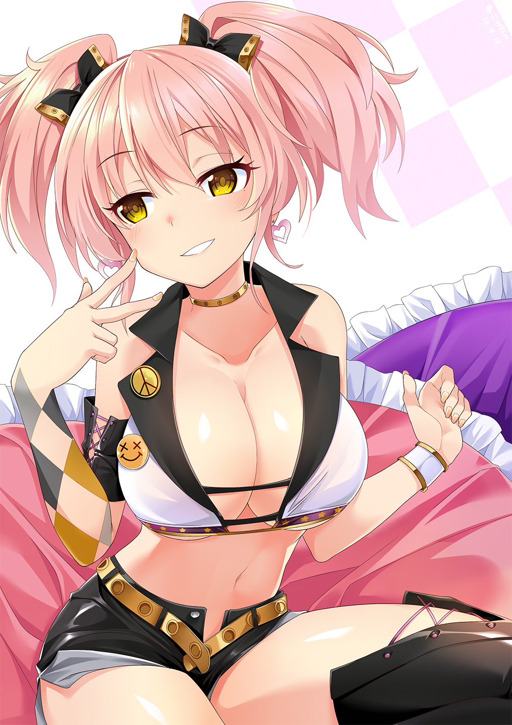 1girl, armlet, arms_at_sides, bent_elbow, black_legwear, black_shorts, boots, bow, breasts, checkered, choker, cleavage, collarbone, cowboy_shot, cropped_jacket, cross-laced_footwear, dated, earrings, eyebrows_visible_through_hair, fingernails, grin, hair_bow, heart, heart_earrings, highres, idolmaster, idolmaster_cinderella_girls, jewelry, jougasaki_mika, large_breasts, light_blush, looking_away, midriff, navel, nekomicha, open_fly, peace_medal, pillow, pink_hair, shiny, shiny_skin, shorts, sitting, sleeveless, smile, teeth, thigh-highs, thigh_boots, thighs, twintails, v, wristband, yellow_belt, yellow_eyes