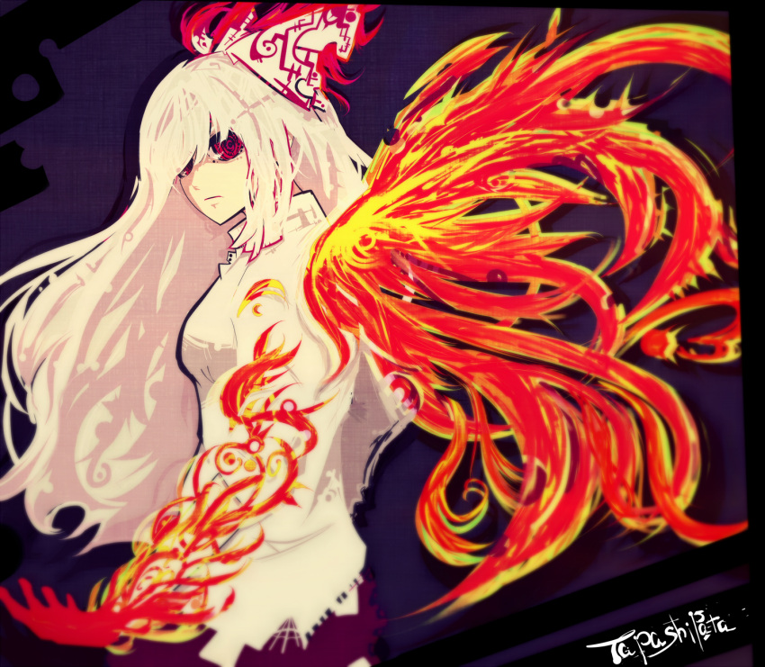 1girl, closed_mouth, expressionless, fiery_wings, fire, fujiwara_no_mokou, hair_over_one_eye, hair_ribbon