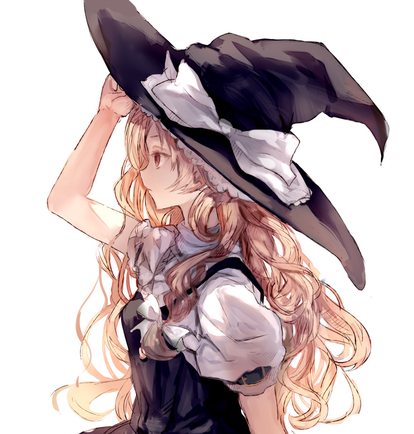 1girl, absurdres, arm_belt, arm_up, bare_arms, black_hat, blonde_hair, bow