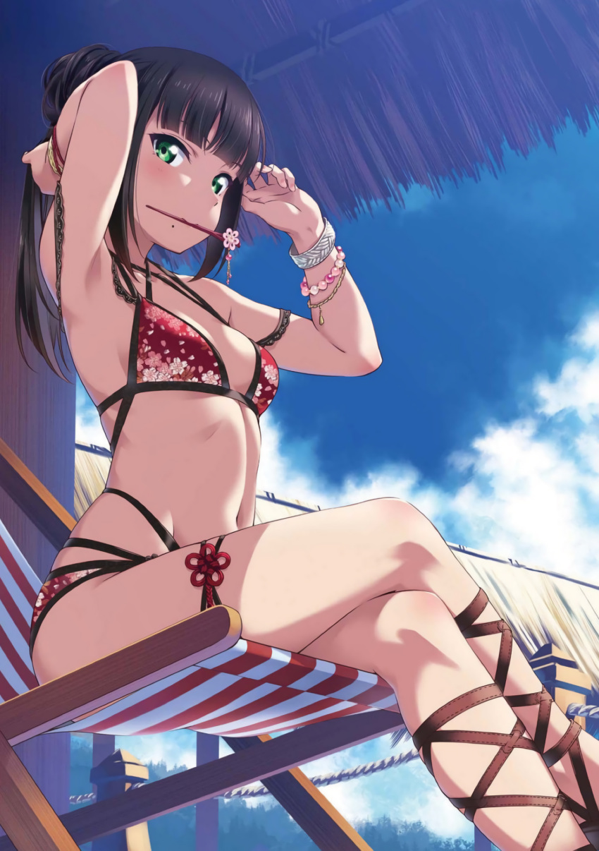 1girl, arms_up, artist_request, bangs, beach_chair, bikini, black_hair, blue_sky