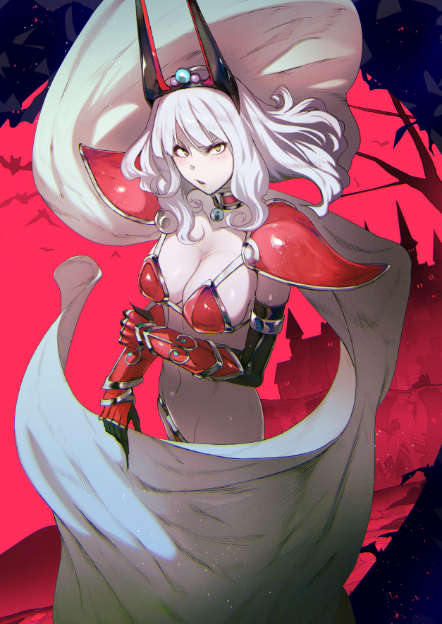 >:(, 1girl, armor, bikini_armor, breasts, cape, carmilla_(fate/grand_order), cleavage