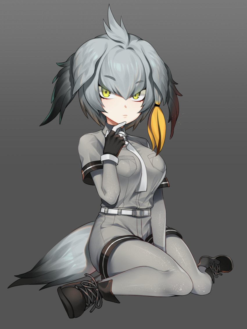 1girl, ahoge, asymmetrical_hair, belt, between_legs, black_footwear, black_gloves, blonde_hair