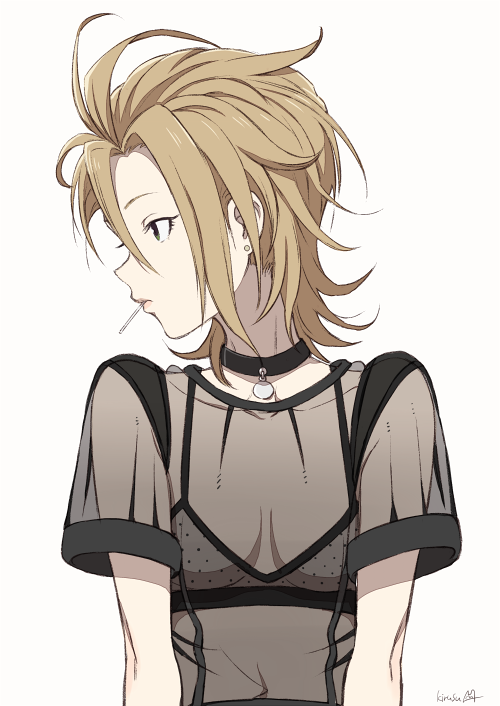 1girl, black_neckwear, black_shirt, blue_eyes, bra, collar, collarbone, covered_navel