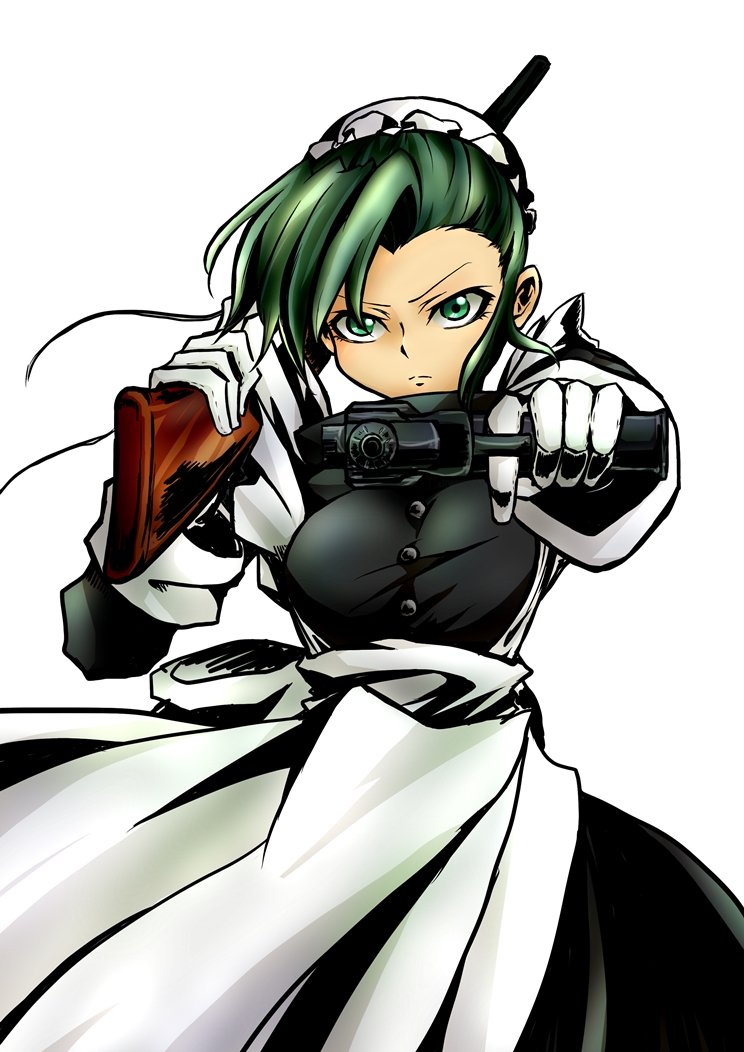 1girl, aiming_at_viewer, apron, black_lagoon, breasts, bun_cover, ciel_manzoku, dual_wielding, fabiola_iglesias, gloves, green_eyes, green_hair, gun, hair_bun, mag-7, maid, maid_headdress, medium_breasts, shotgun, solo, waist_apron, weapon, white_gloves