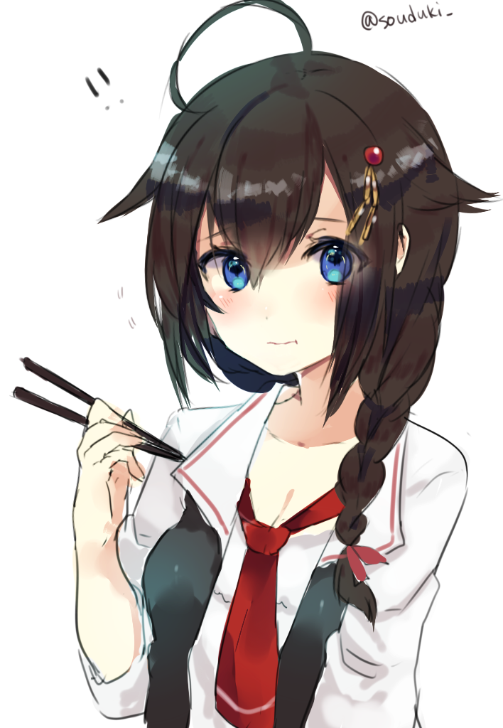 1girl, ahoge, bangs, blue_eyes, blush, braid, brown_hair, chopsticks, closed_mouth, collarbone, eating, eyebrows_visible_through_hair, eyes_visible_through_hair, fish, grill, hair_flaps, hair_over_shoulder, holding_chopsticks, jacket, kantai_collection, kneeling, looking_at_viewer, necktie, punya, remodel_(kantai_collection), saury, shigure_(kantai_collection), shirt, single_braid, skirt, smile, solo