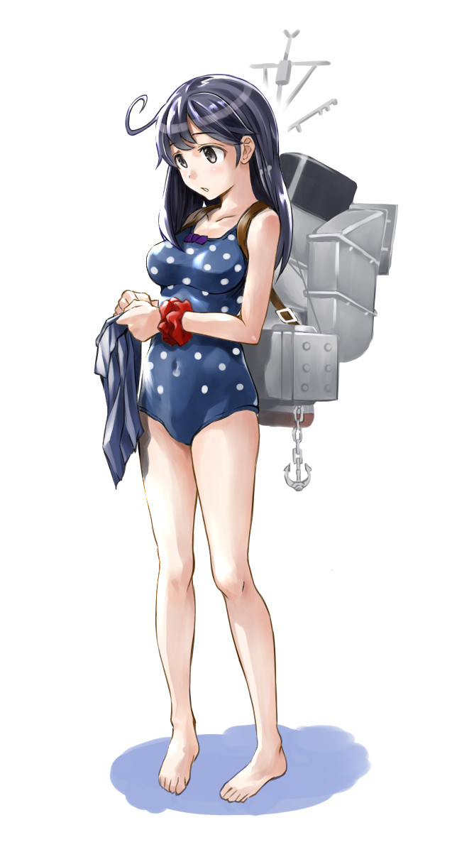 1girl, ahoge, akito_(pixiv3623507), anchor, barefoot, black_eyes, black_hair, blue_swimsuit
