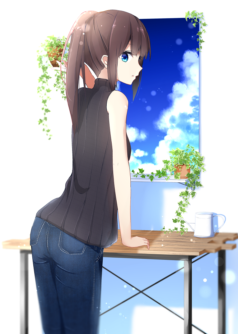 1girl, aa_(sin2324), bare_arms, bare_shoulders, black_hair, blue_eyes, commentary_request, denim