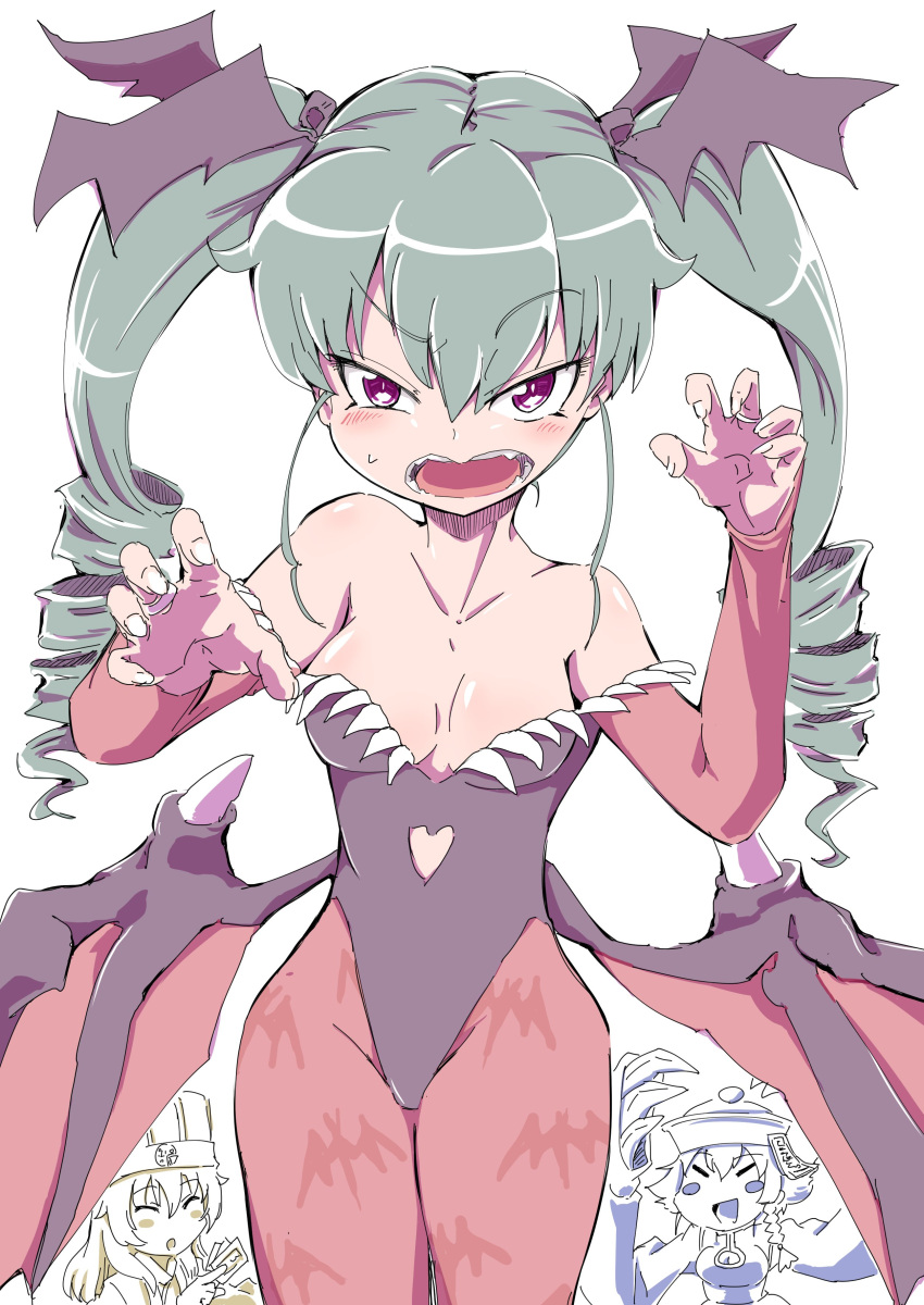3girls, absurdres, anchovy, bat_wings, blush, blush_stickers, bob_(you-u-kai), breasts