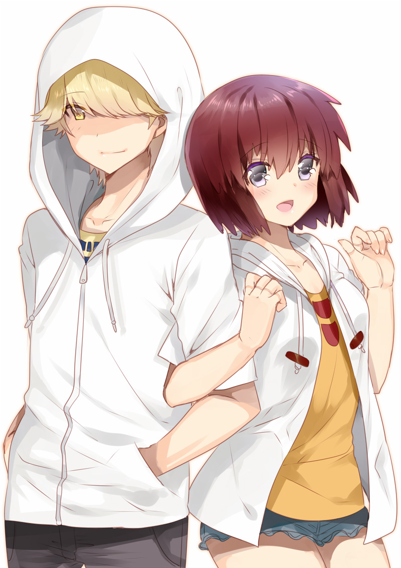 1boy, 1girl, :d, blonde_hair, blush, brown_hair, collarbone, couple, cowboy_shot, finger_marks, green_eyes, hair_over_one_eye, hands_in_pockets, hood, hoodie, kaburagi_sui, locked_arms, matching_outfit, nishio_rina, open_mouth, shaded_face, shiny, shiny_hair, short_hair, shorts, simple_background, smile, soukyuu_no_fafner, sumomo_(peach-breath), white_background, yellow_eyes