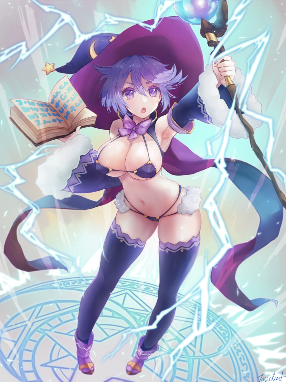1girl, bare_shoulders, bikini, bikini_warriors, black_bikini, blush, book, breasts, cape, cover, detached_sleeves, hat, highres, large_breasts, lavender_hair, mage_(bikini_warriors), navel, open_mouth, short_hair, solo, staff, swimsuit, tasselcat, thigh-highs, under_boob, violet_eyes, witch_hat