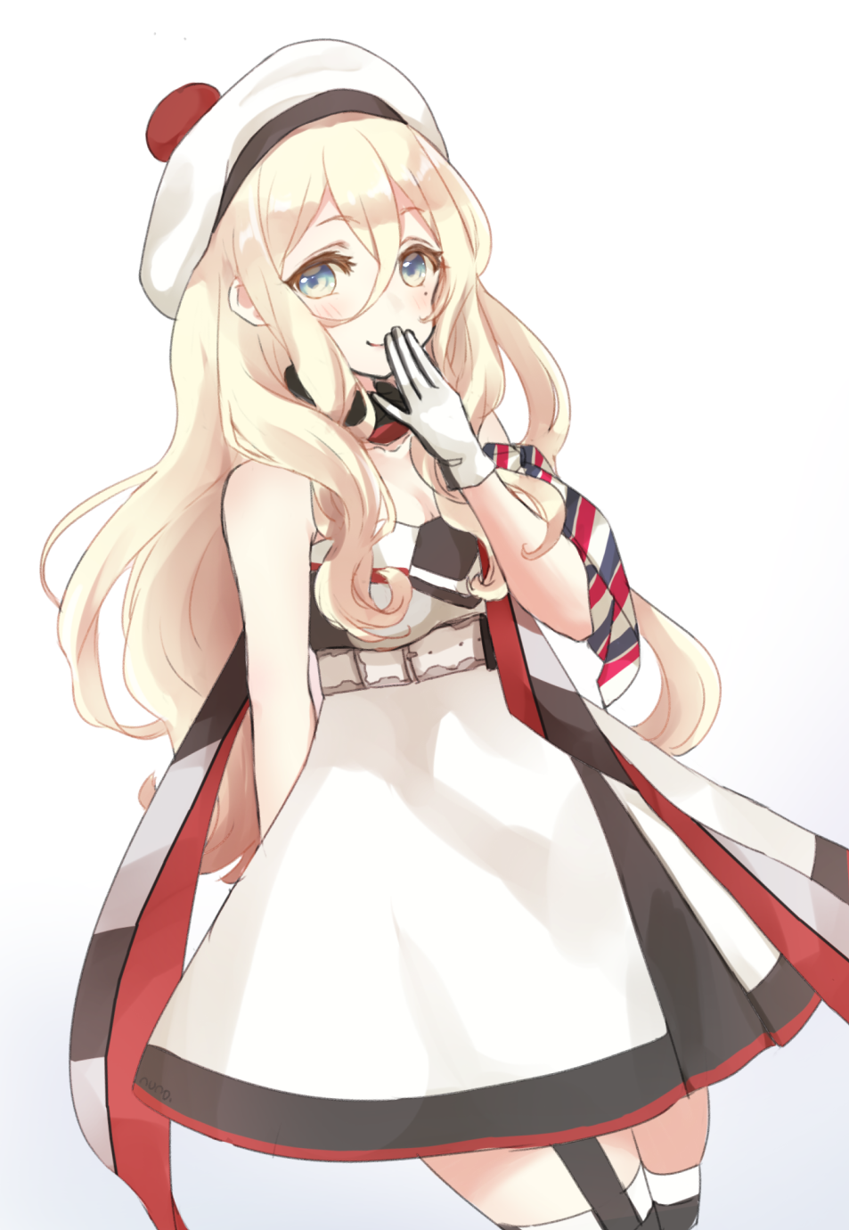 1girl, armband, bare_shoulders, beret, blonde_hair, blue_eyes, blush, garter_straps