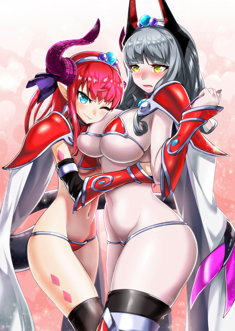 2girls, :0, :o, ;), armor, bikini, bikini_armor, black_gloves