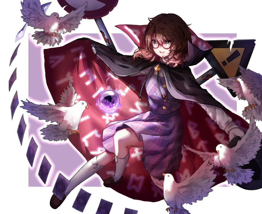 1girl, bangs, bird, brown_hair, cape, card, clothes_writing, dove