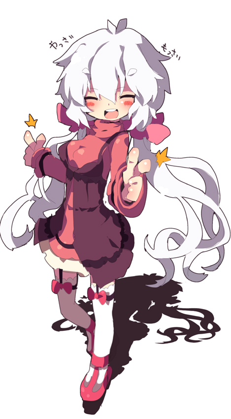 10s, 1girl, :d, blush_stickers, commentary_request, dangomushi, finger_gun, full_body