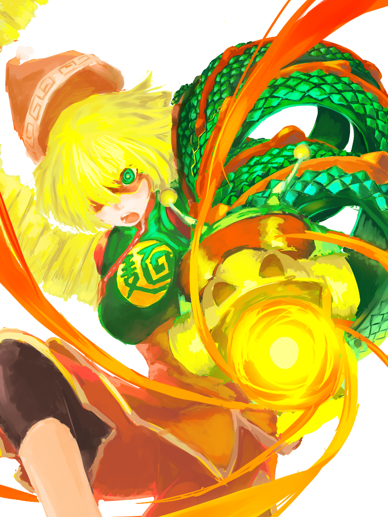 1girl, :o, aiming_at_viewer, al_bhed_eyes, arms_(game), bakage, bangs, beanie