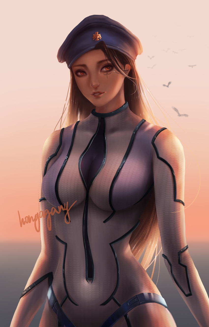 1girl, absurdres, adapted_costume, alternate_costume, ana_(overwatch), artist_name, backlighting, beret, black_hair, bodysuit, breasts, brown_eyes, brown_hair, captain_amari, dark_skin, facial_mark, facial_tattoo, gradient, gradient_background, grey_background, hat, highres, hongagany, long_hair, looking_at_viewer, medium_breasts, orange_background, overwatch, parted_lips, signature, skin_tight, smile, solo, tattoo, upper_body, younger