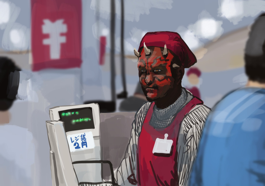 5boys, apron, beret, blurry, blurry_background, cash_register, chanta_(ayatakaoisii), closed_mouth