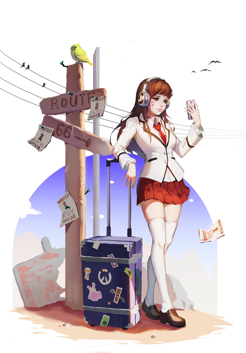 1girl, absurdres, alternate_costume, animal, bangs, bird, blue_sky, brown_eyes