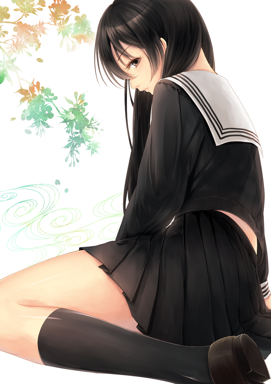 1girl, bad_id, bad_pawoo_id, bangs, black_footwear, black_hair, black_legwear, black_serafuku