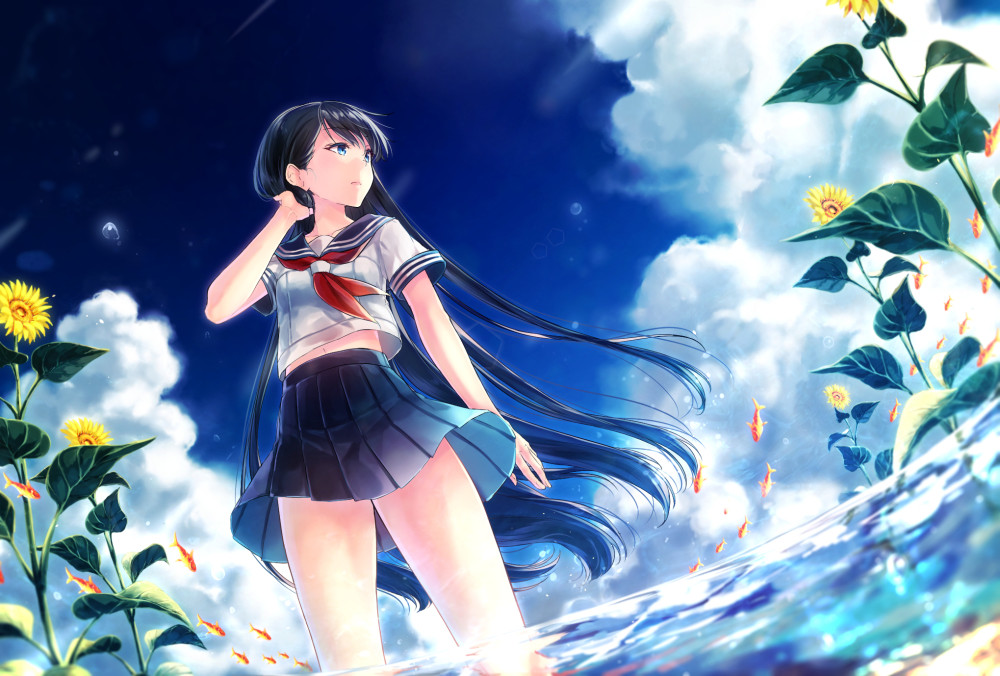 1girl, bad_id, bad_pawoo_id, bangs, black_hair, blue_skirt, dutch_angle, eyebrows_visible_through_hair