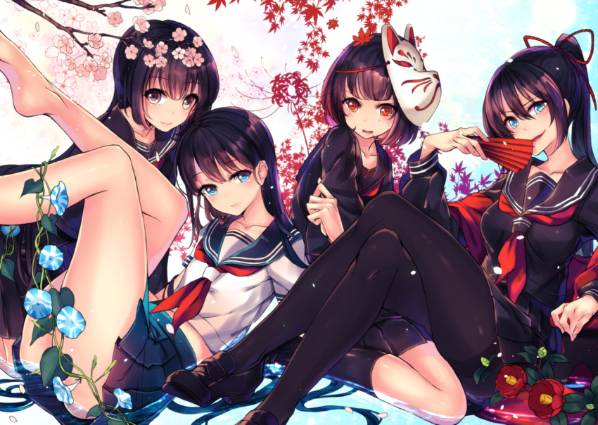 4girls, bad_id, bad_pawoo_id, bangs, bare_legs, black_footwear, black_hair, black_legwear, black_serafuku, black_skirt, blue_eyes, blue_skirt, blush, brown_eyes, camellia, cherry_blossoms, closed_mouth, eyebrows_visible_through_hair, fan, flower, folding_fan, fox_mask, hair_between_eyes, holding, holding_fan, kneehighs, kyara36, leaf, legs_crossed, light_smile, loafers, long_hair, long_sleeves, looking_at_viewer, lying, maple_leaf, mask, mask_on_head, multiple_girls, on_back, open_mouth, orange_eyes, original, pantyhose, pleated_skirt, ponytail, school_uniform, serafuku, shoes, sidelocks, sitting, skirt, smile, spider_lily, thighband_pantyhose, thighs