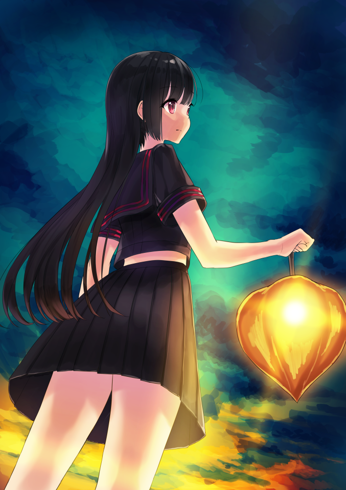 1girl, bad_id, bad_pawoo_id, bad_pixiv_id, bangs, black_serafuku, black_skirt, closed_mouth