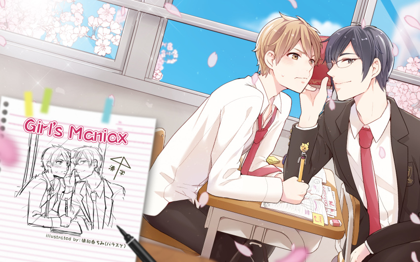2boys, ai_ai_gasa, artist_name, black_eyes, black_hair, blush, book, brown_eyes, brown_hair, cherry_blossoms, chimi_(parascenium), classroom, closed_mouth, copyright_name, desk, dlsite.com, drawing, dutch_angle, gaku_(dlsite), glasses, highres, implied_yaoi, looking_at_viewer, loose_necktie, male_focus, marker, mechanical_pencil, minato_(dlsite), multiple_boys, necktie, notebook, official_art, pencil, school_desk, short_hair, sitting, smile, sweatdrop, wallpaper, wavy_mouth