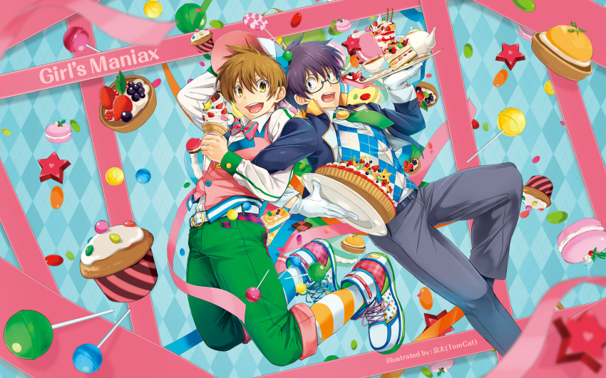 2boys, argyle, argyle_background, artist_name, baseball_cap, black_hair, blue_background, blue_eyes
