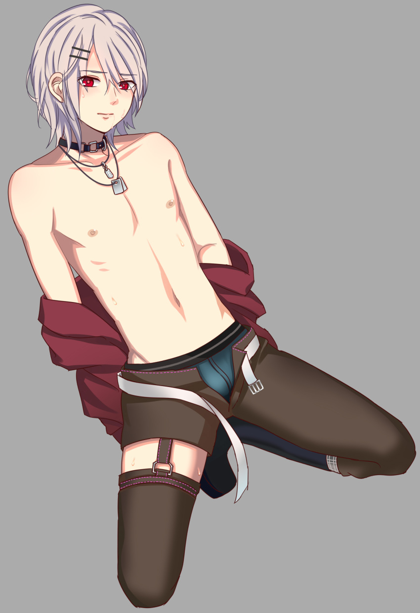 1boy, absurdres, asymmetrical_clothes, boxer_briefs, closed_mouth, collar, danieru_hatto, dog_tags