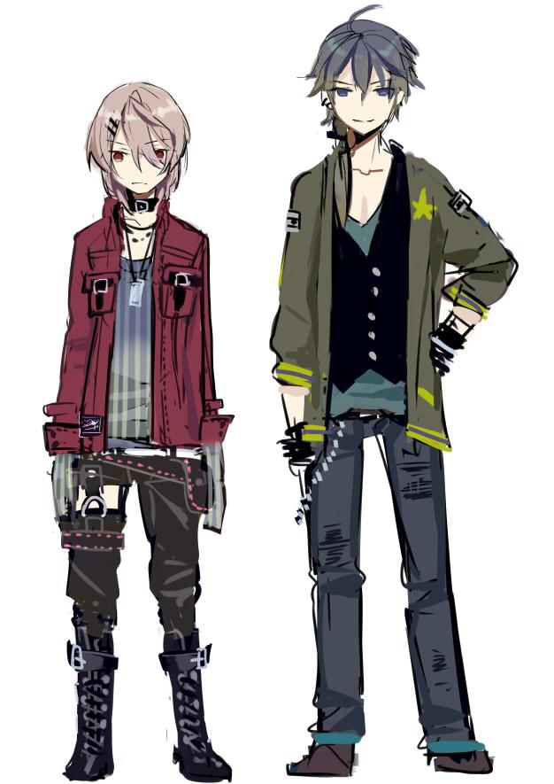 2boys, ahoge, artist_request, asymmetrical_legwear, black_hair, boots, collar, denim
