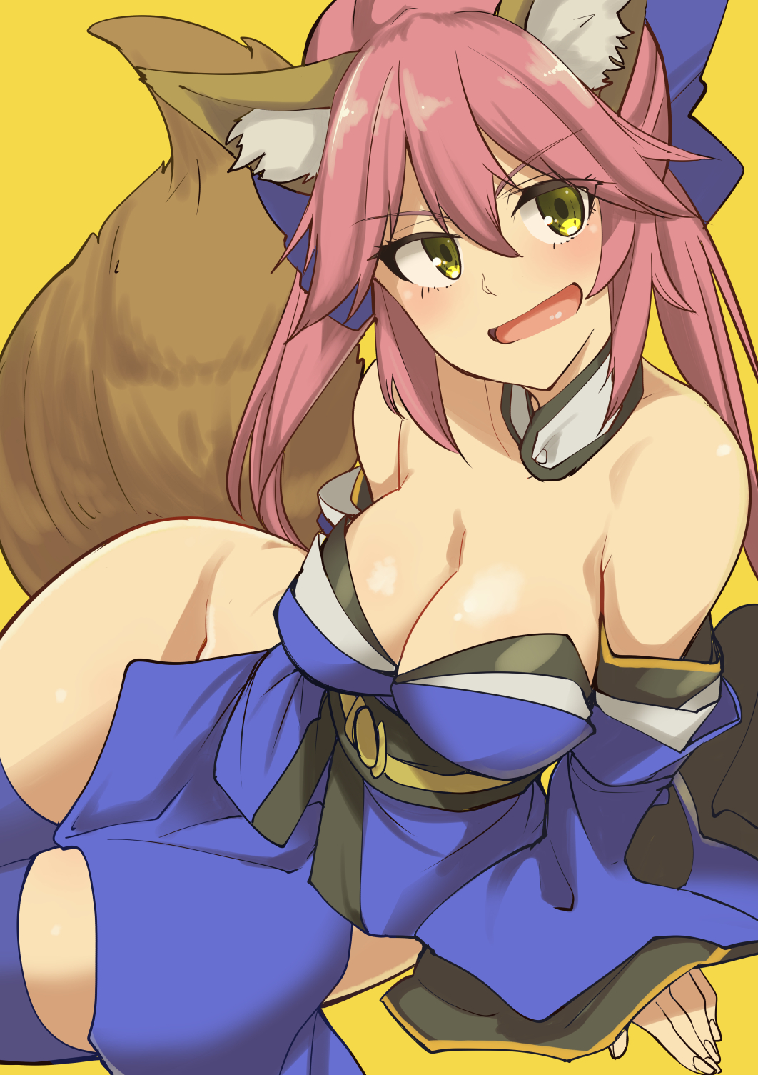 1girl, :d, animal_ears, bare_shoulders, blue_legwear, breasts, cleavage, curvy